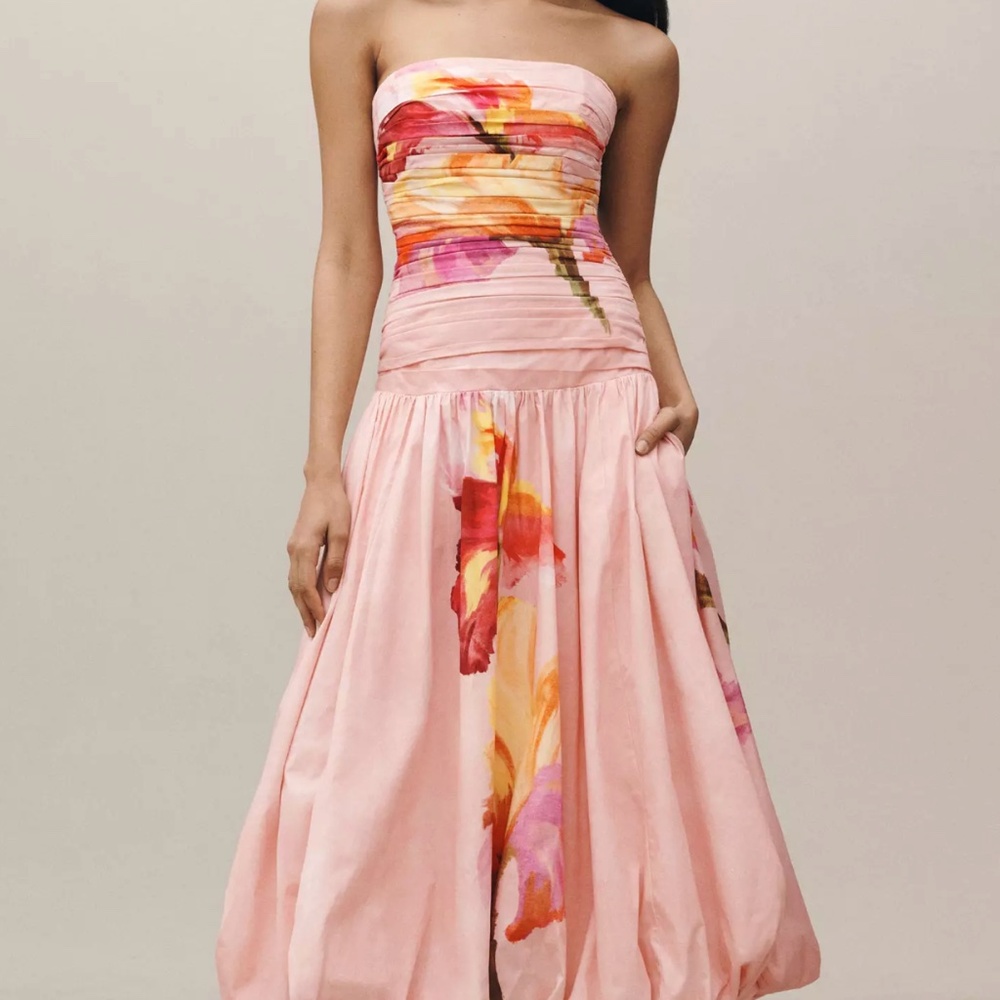 NICHOLAS 'Despina' Strapless Midi Dress w/ Bubble Skirt in Lenia Rose Floral NWT